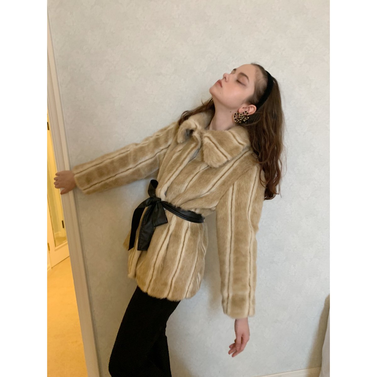 parisienne ribbon 2way fur coat beige