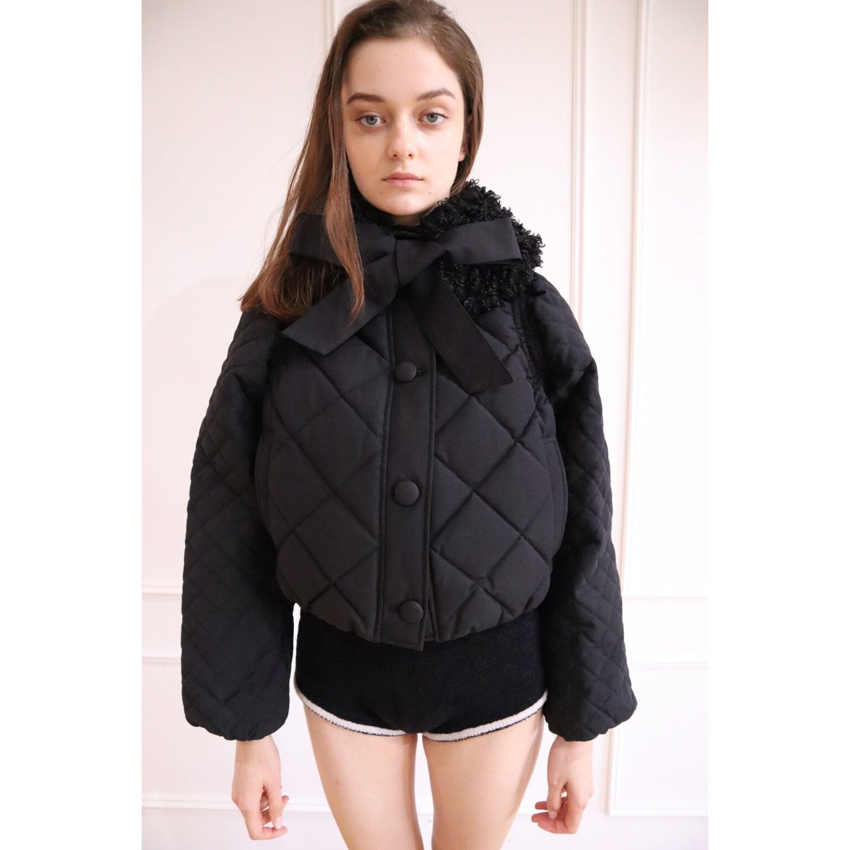 fur ribbon quilting short down coat black | épine