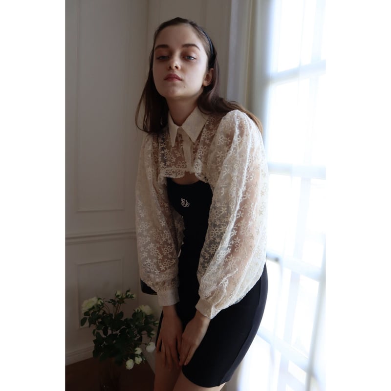 arm volume frill cropped blouse organdy flower
