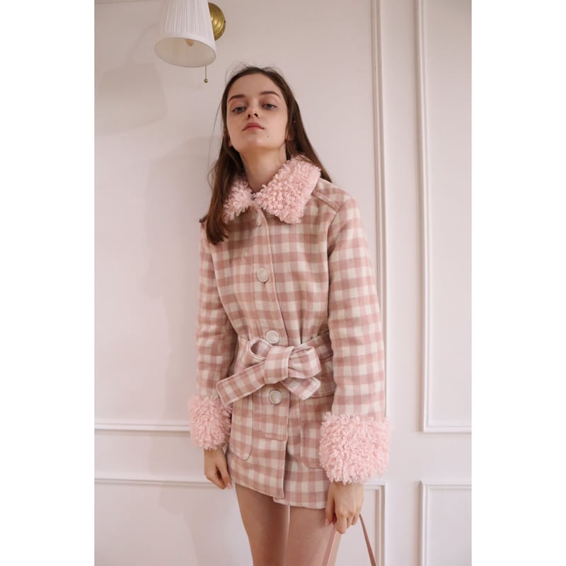 epine エピヌ poodle fur coat pink check