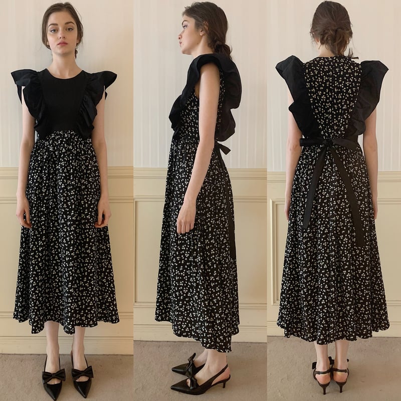épine label lace flower rib onepiece black | épine - ワンピース