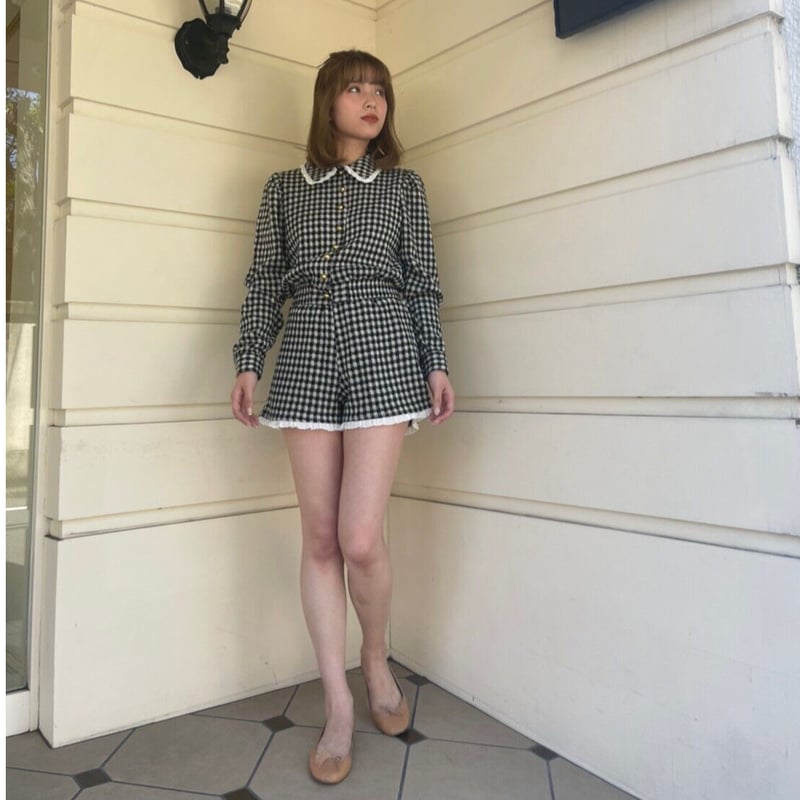 lace frill check knit short pants エピヌ