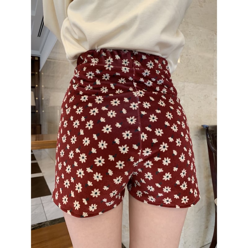 velours flower short pants red | épine