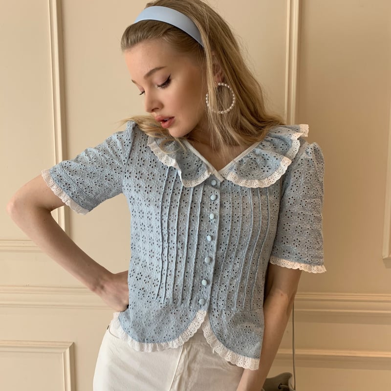 all lace frill blouse ice blue | épine