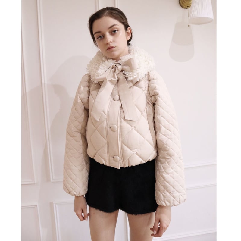 fur ribbon quilting short down coat ivory | épine