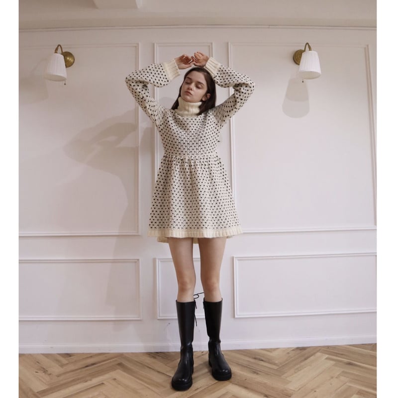 super high neck dot cable knit flare onepiece i...