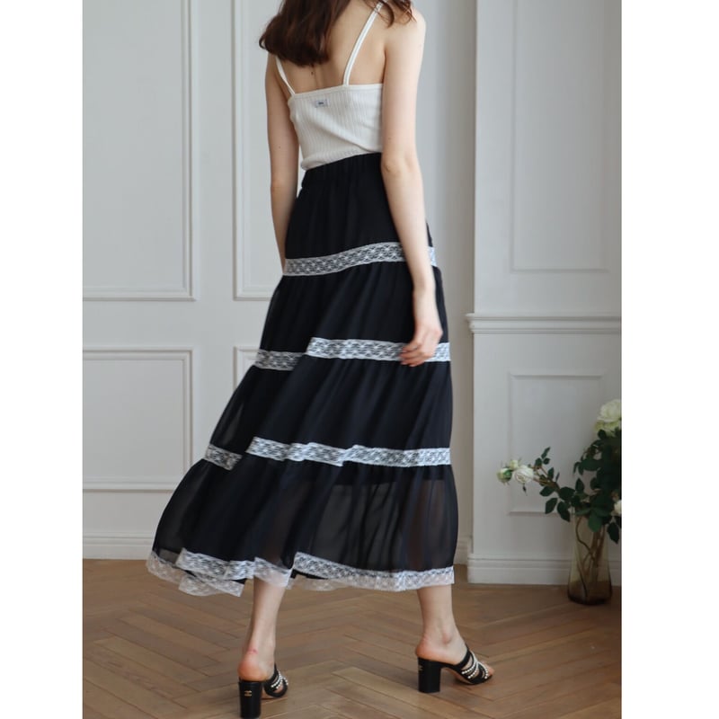 chiffon lace tiered long skirt black | épine