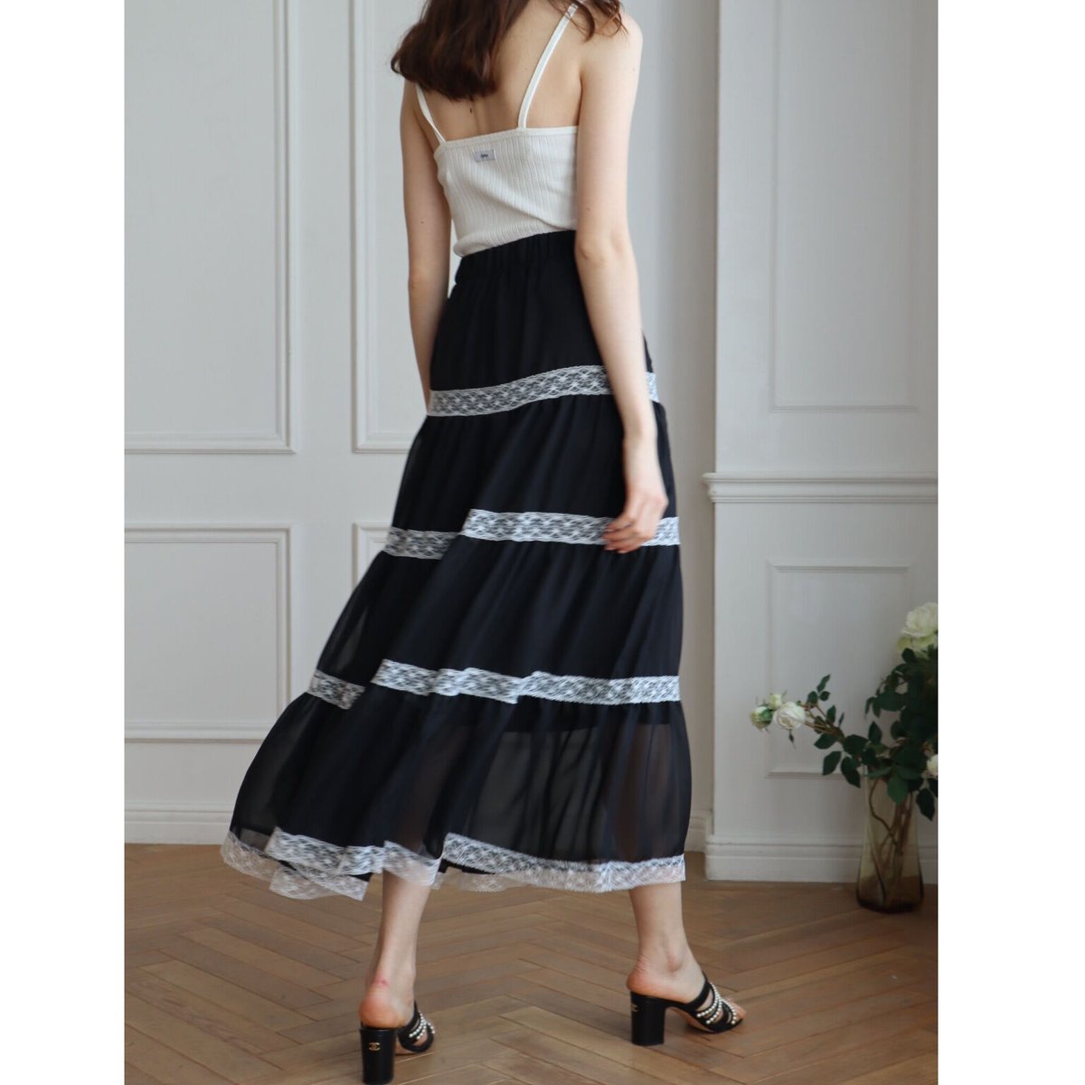chiffon lace tiered long skirt black | épine chiffon lace tiered long skirt black | épine