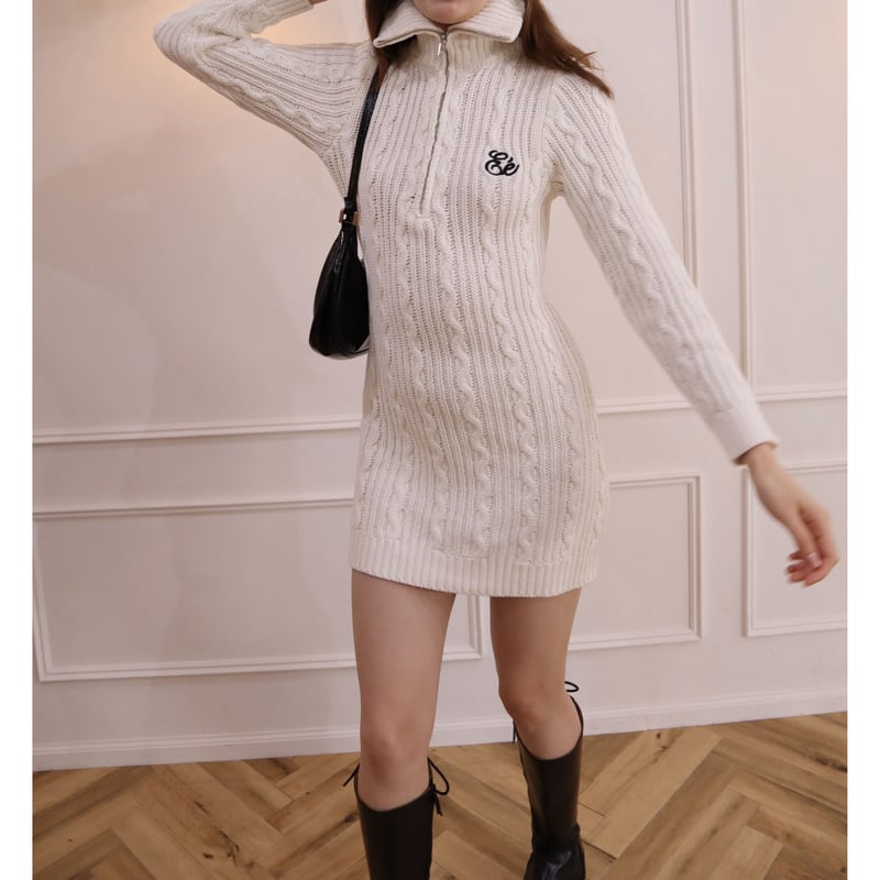 Eé half zip cable knit onepiece white | épine