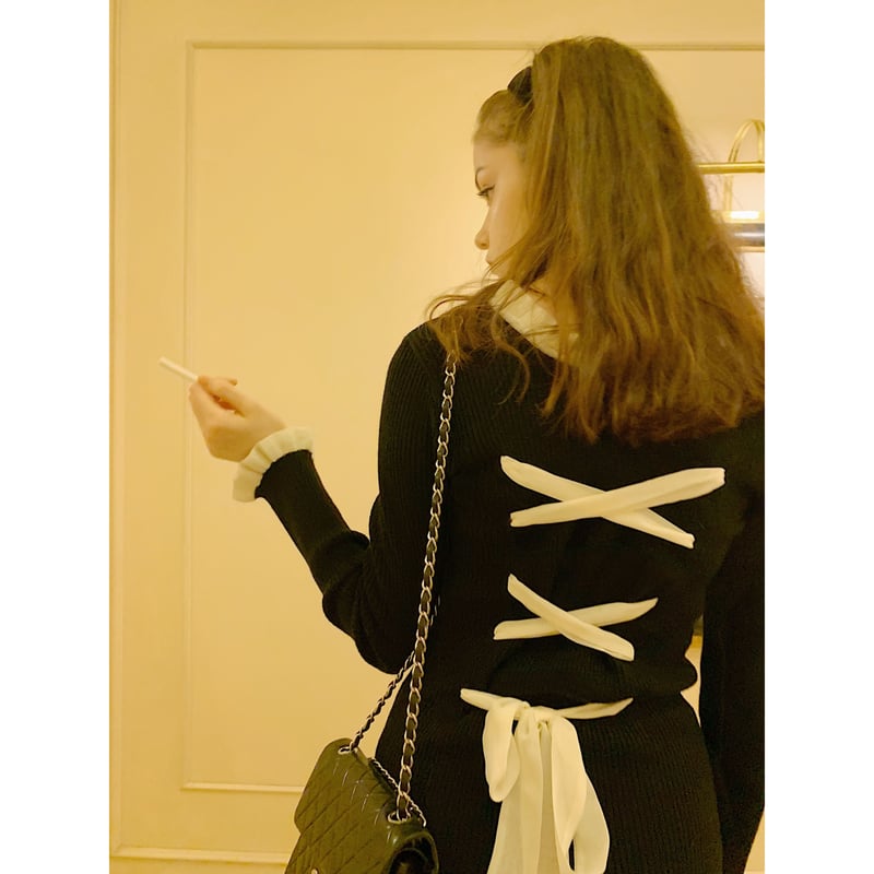 Special price】lace up ribbon frill rib knit se...