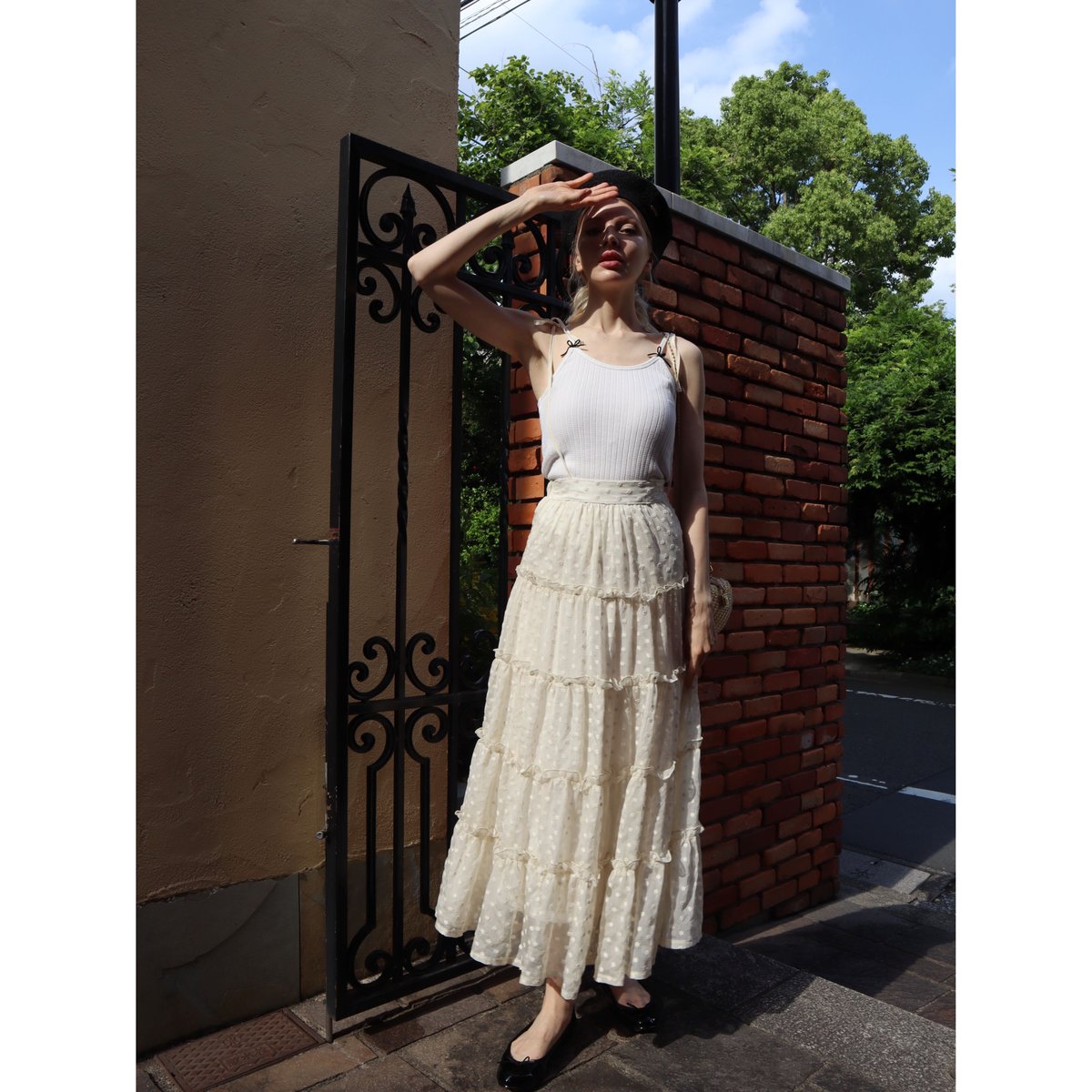 flower see-through frill tiered long skirt ivor...