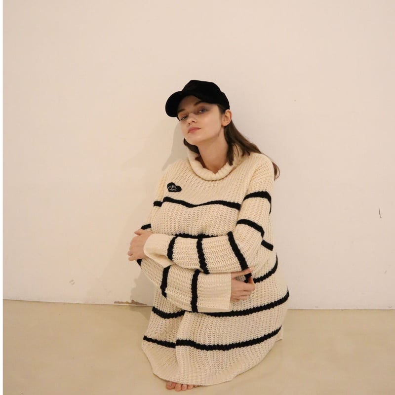 ♡Éé high neck big border knit ivory | épine