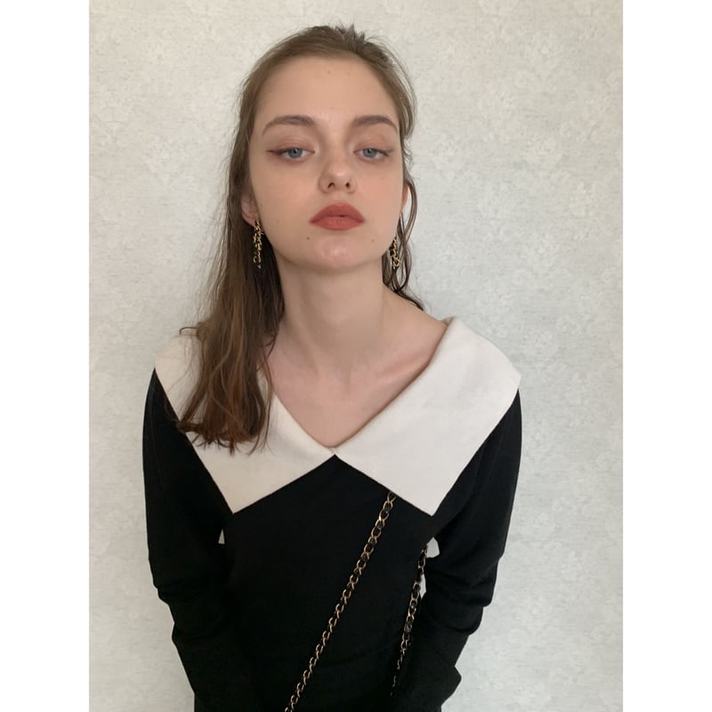 épine ワンピース black collar design Vneck knit onepiece black | épine