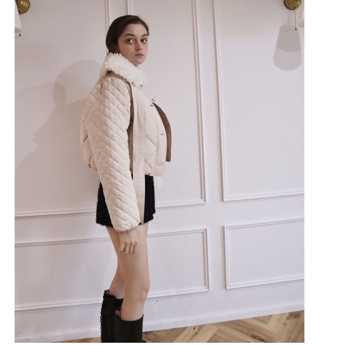 fur ribbon quilting short down coat ivory | épine