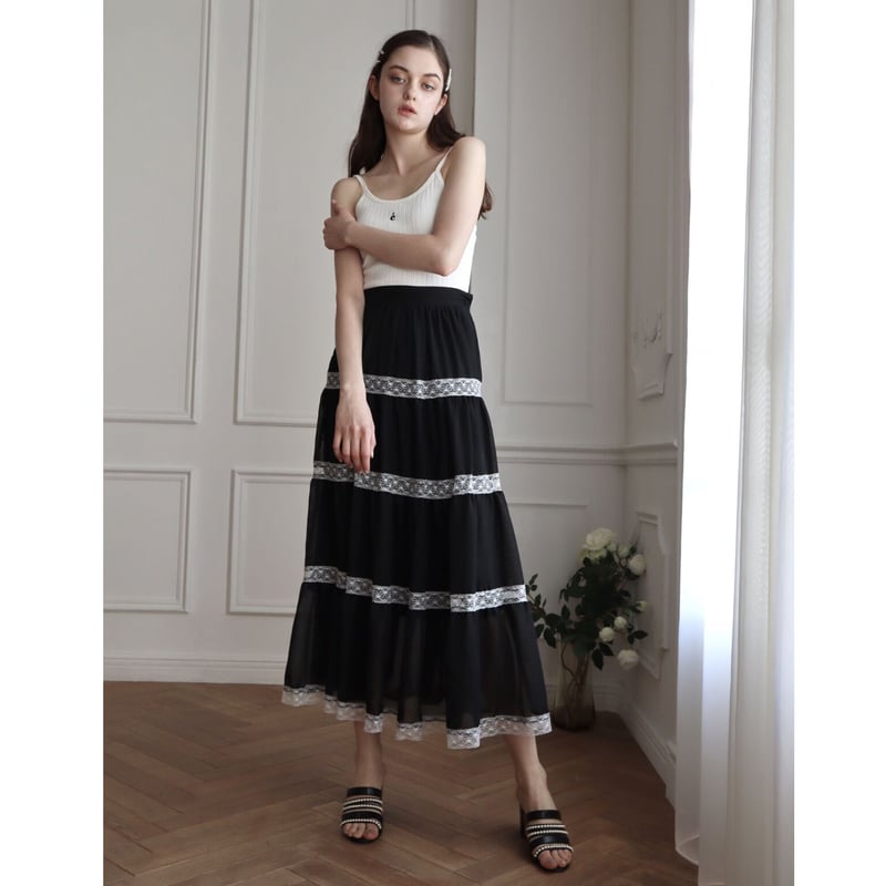 chiffon lace tiered long skirt black | épine