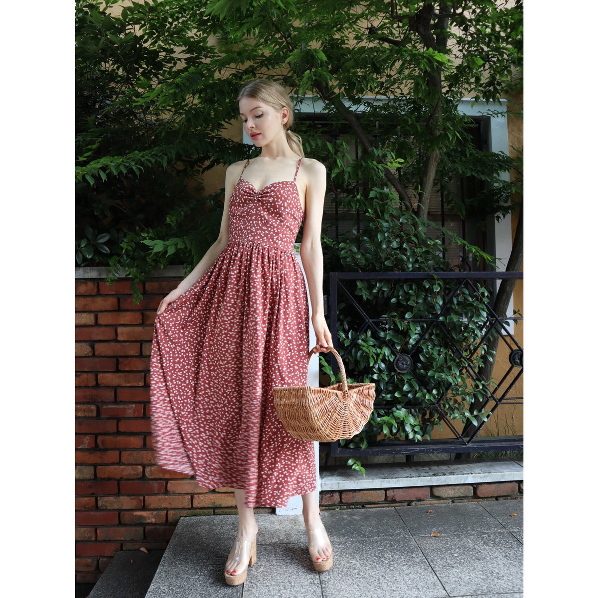 back lace up little flower onepiece red | épine