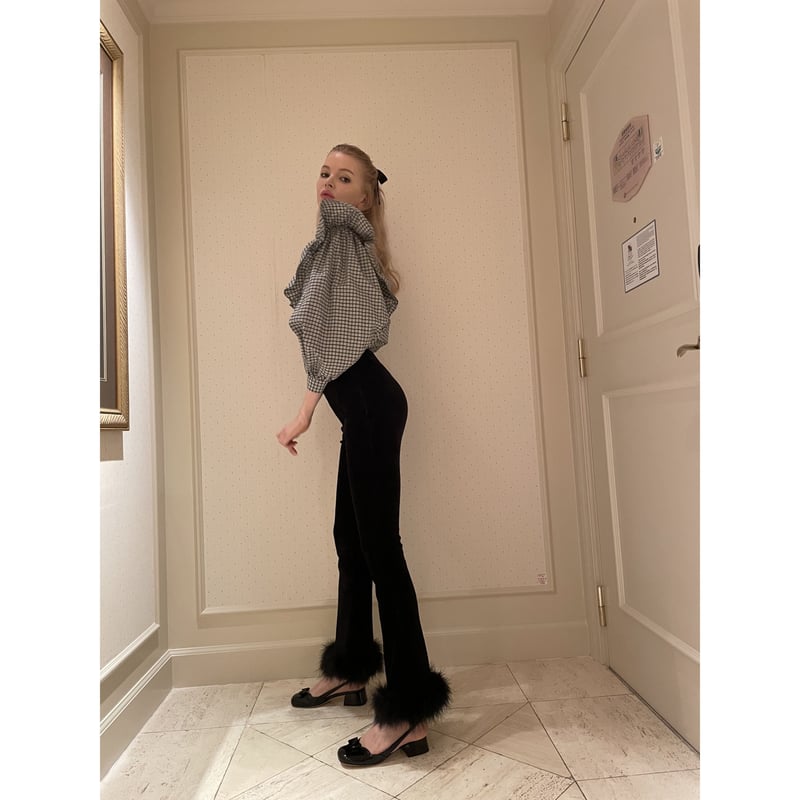 high-waist fit corduroy fur pants black | épine