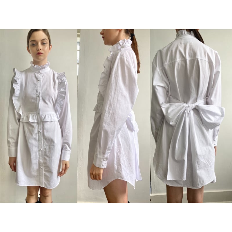 square frill back ribbon shirt onepiece white | square frill back ribbon shirt onepiece white |