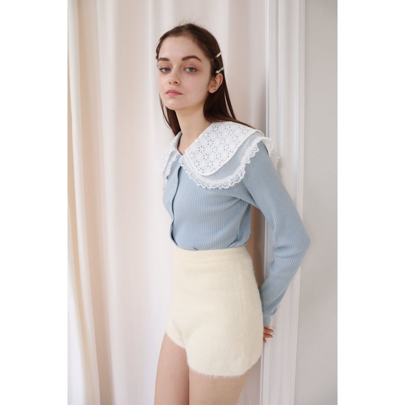 see-through lace collar rib cardigan ice blue |...