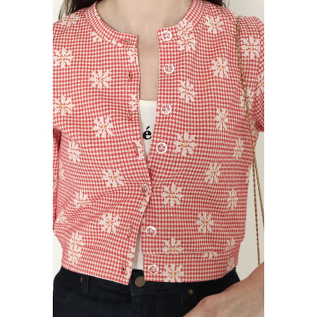 gingham flower clear button cardigan red