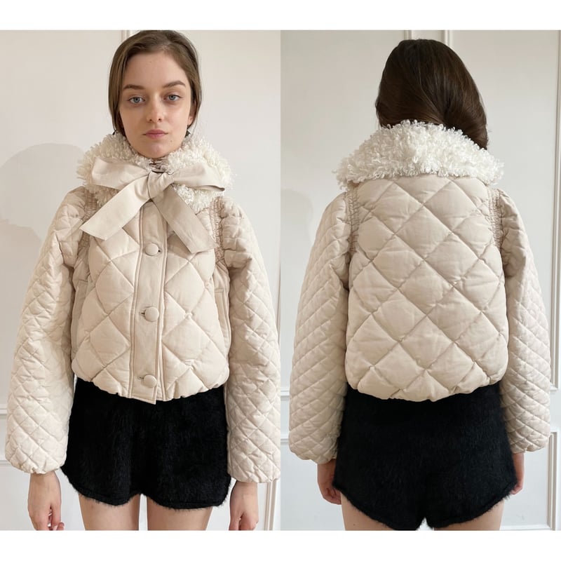 fur ribbon quilting short down coat ivory | épine