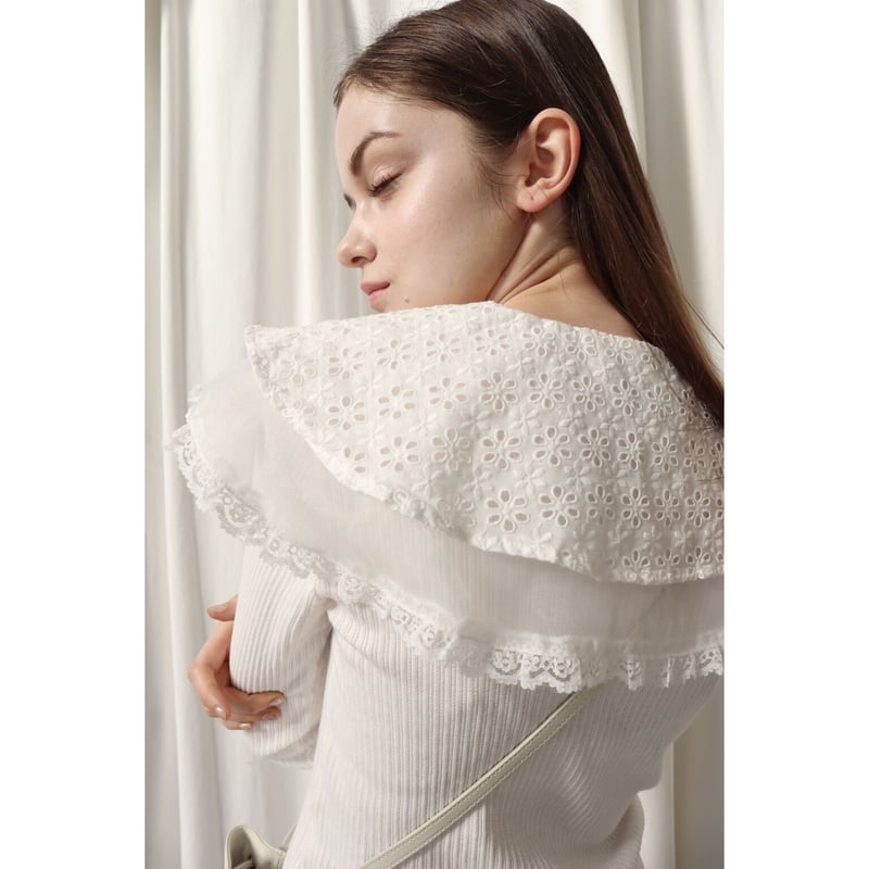 see-through lace collar rib cardigan white | épine