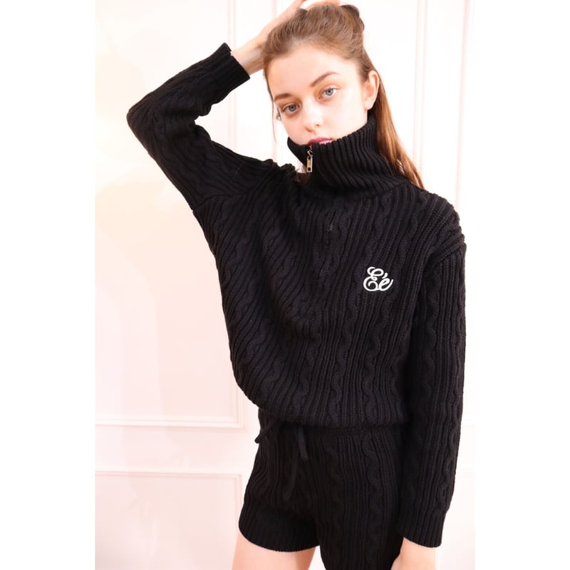 Eé half zip cable knit tops black set up