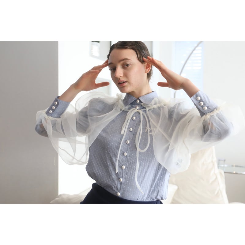 gather ribbon volume sleeve blouse organdy ivor...