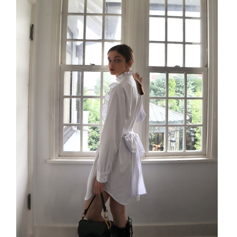 square frill back ribbon shirt onepiece white | square frill back ribbon shirt onepiece white |