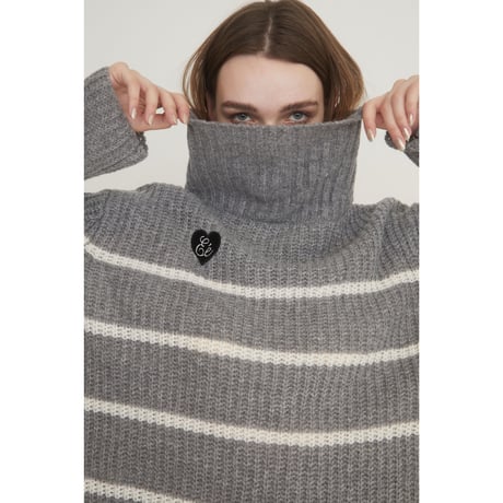♡Éé high neck big border knit gray