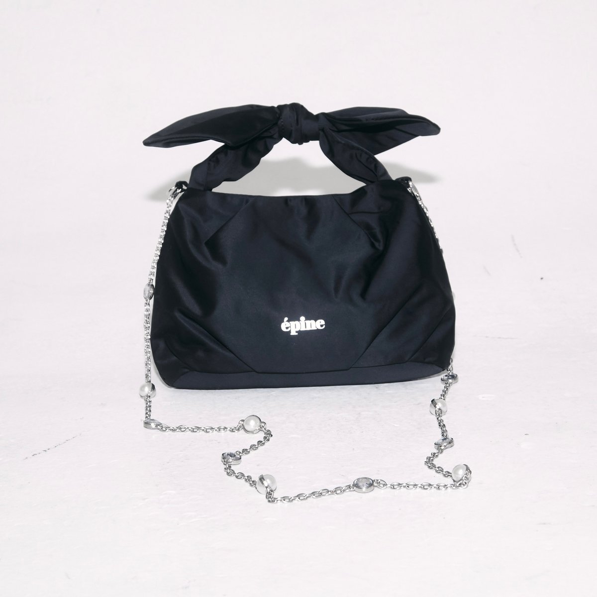 エピヌepine/リボンサテン2way ボディバッグ黒/ミニポーチショルダー épine ribbon Pearl & Bijou chain bag（2color） |