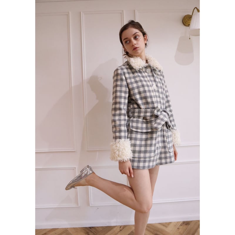 epine poodle fur coat gray check