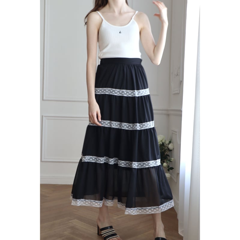 chiffon lace tiered long skirt black | épine