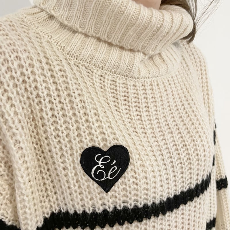 ♡Éé high neck big border knit ivory | épine