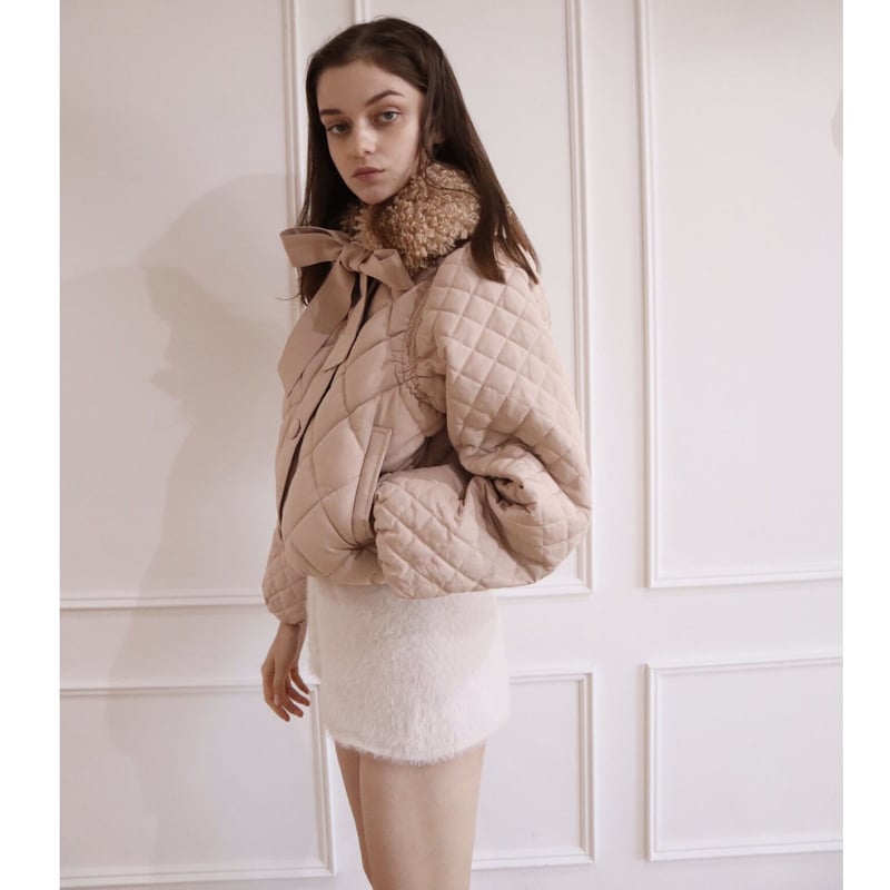 fur ribbon quilting short down coat pink beige fur ribbon quilting short down coat pink beige