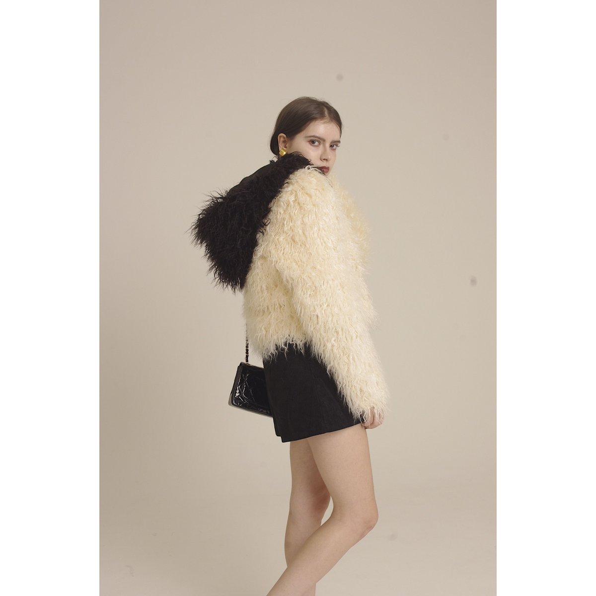 feminine fur collar long coat White