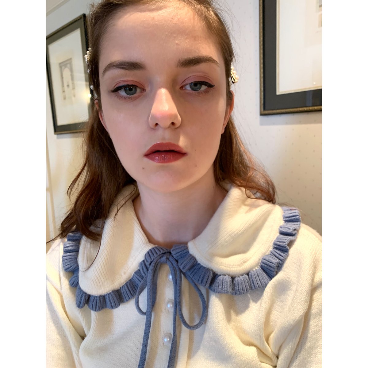 frill collar pearl knit cardigan ivory×ice blue frill collar pearl knit cardigan ivory×ice blue