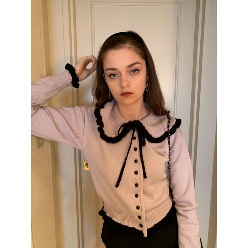 frill collar pearl knit cardigan lavender×black