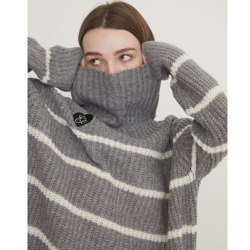 ♡Éé high neck big border knit gray | épine