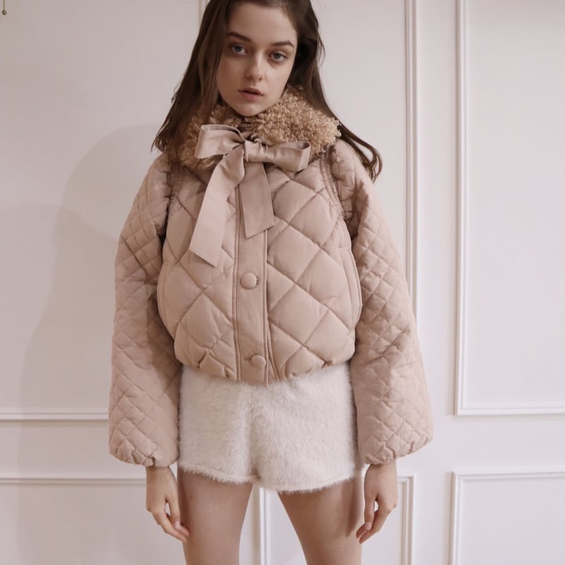 fur ribbon quilting short down coat pink beige ...