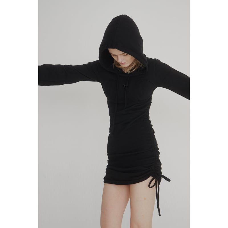 rhinestone ribbon gather hoodie onepiece（2color