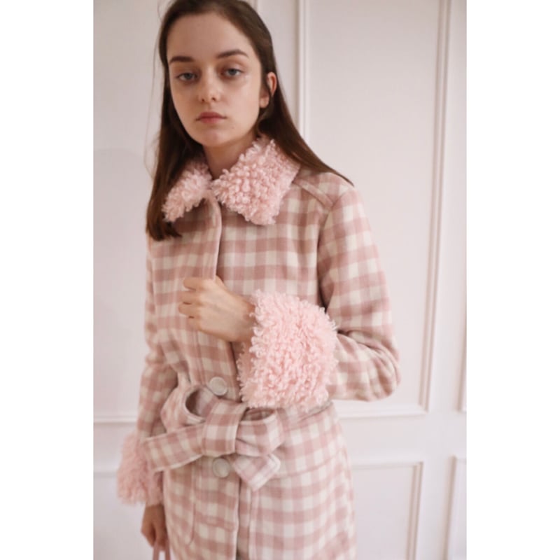 epine プードルチェックコート epine プードルチェックコート poodle fur collar coat pink | épine