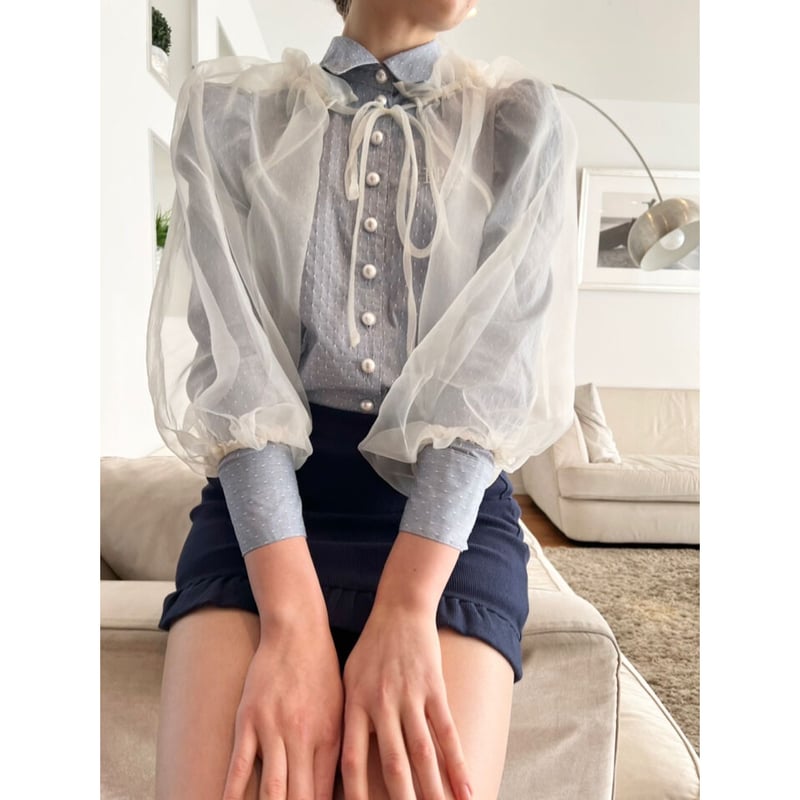 gather ribbon volume sleeve blouse organdy ivor...