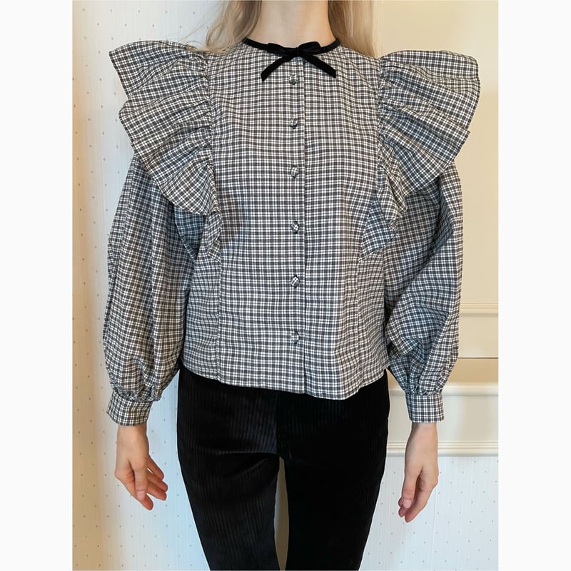 velours ribbon frill blouse check | épine