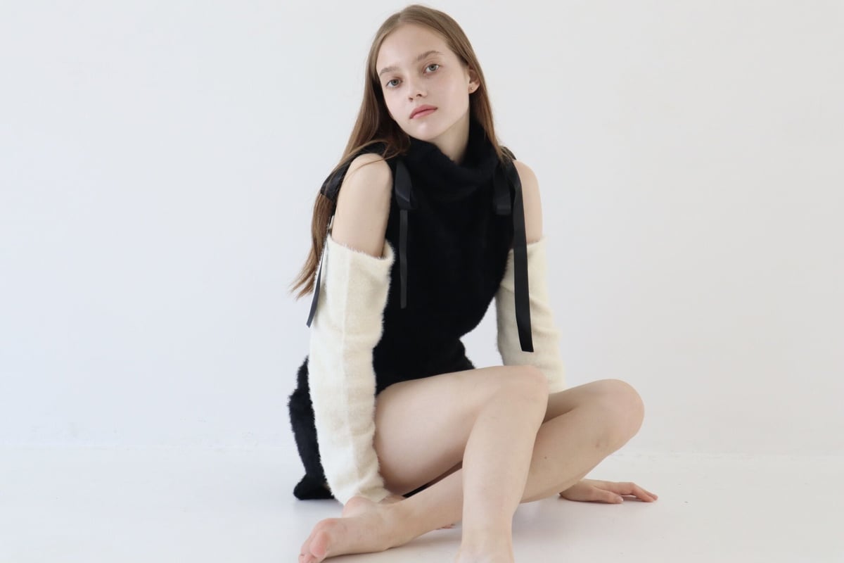 mohair ribbon shoulder off knit bi-color | épine