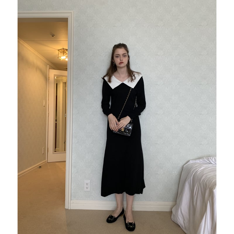 épine ワンピース black collar design Vneck knit onepiece black | épine