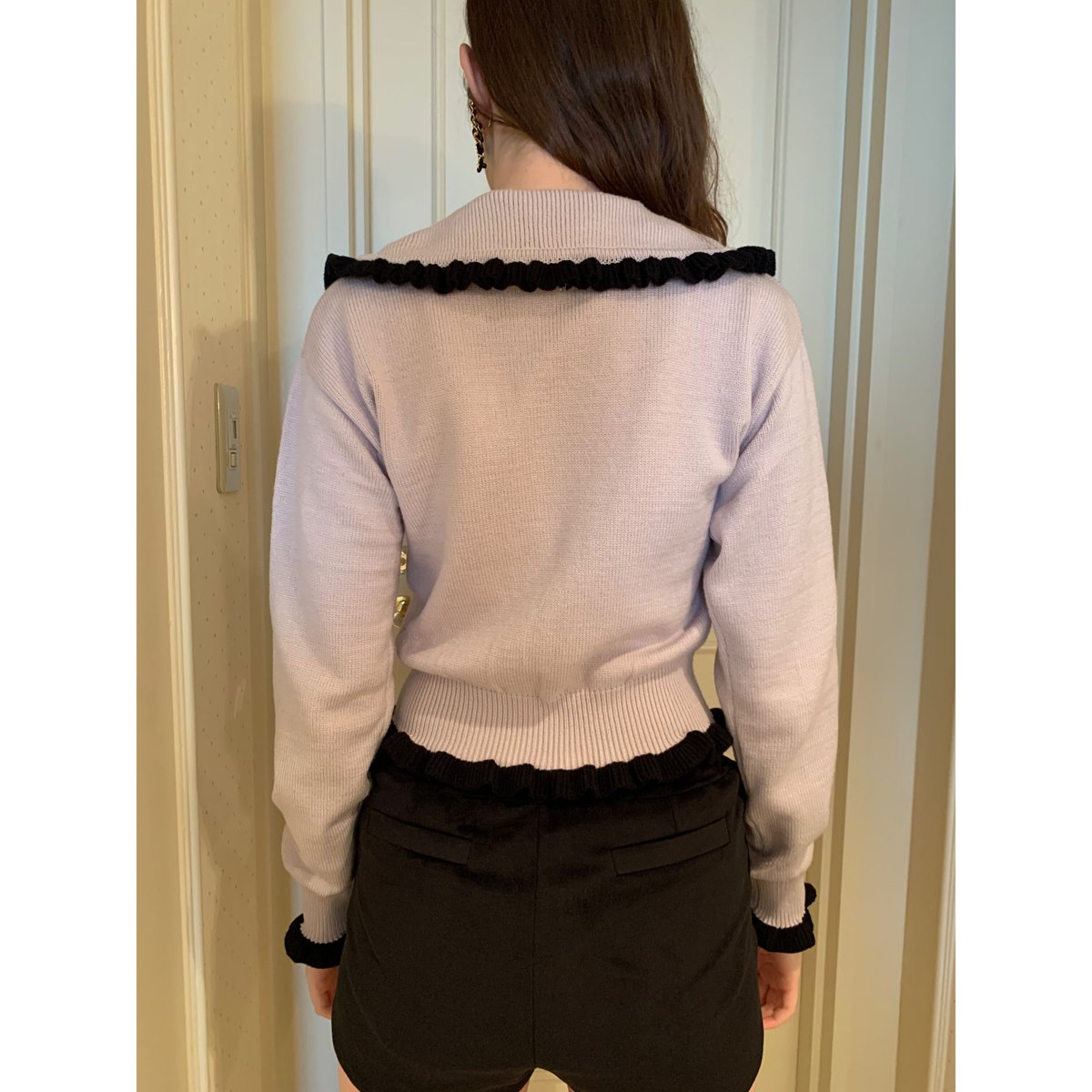 frill collar pearl knit cardigan lavender×black