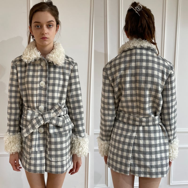 epine poodle fur coat gray check