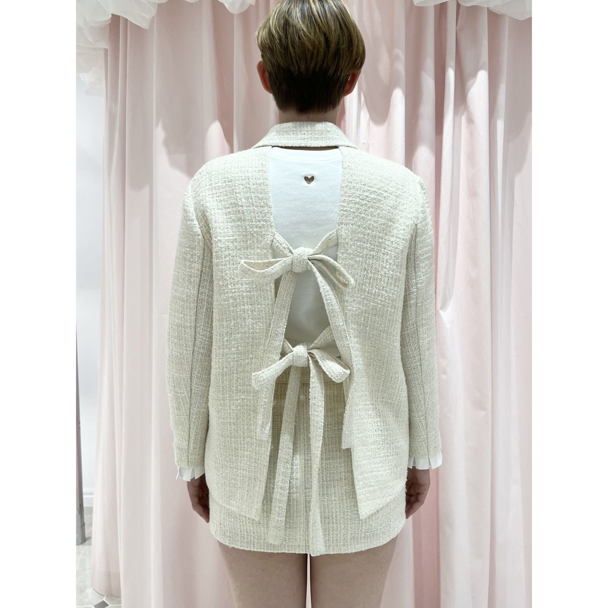 back ribbon Pearl pleats frill jacket tweed iv back ribbon Pearl pleats frill jacket tweed iv