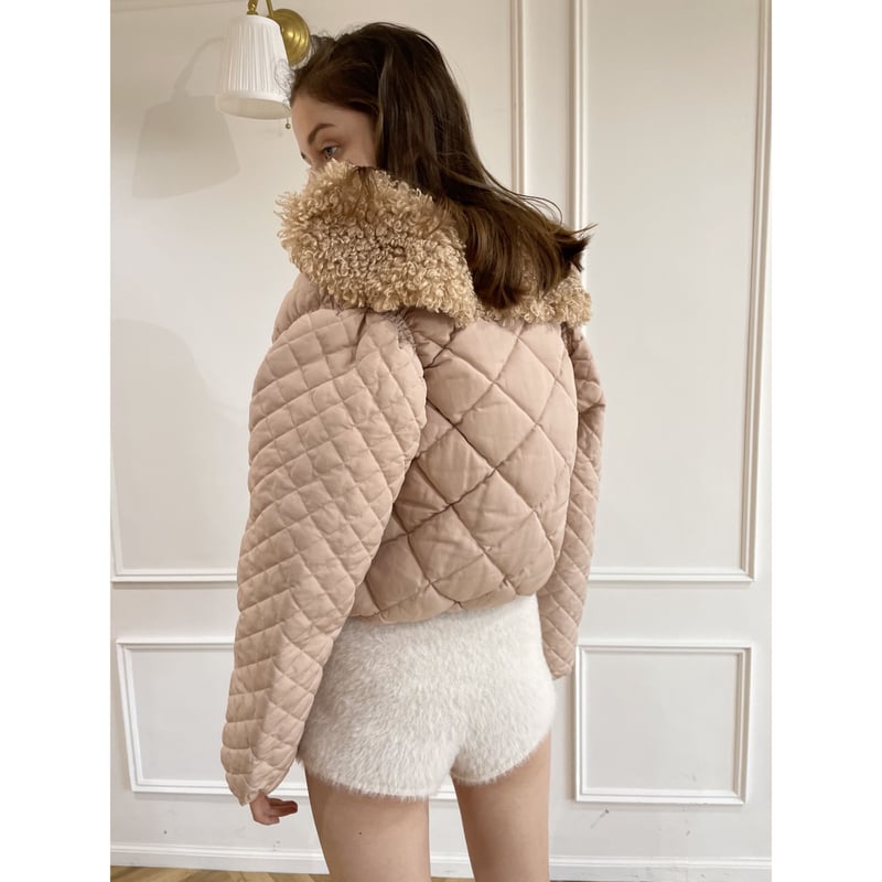 fur ribbon quilting short down coat pink beige